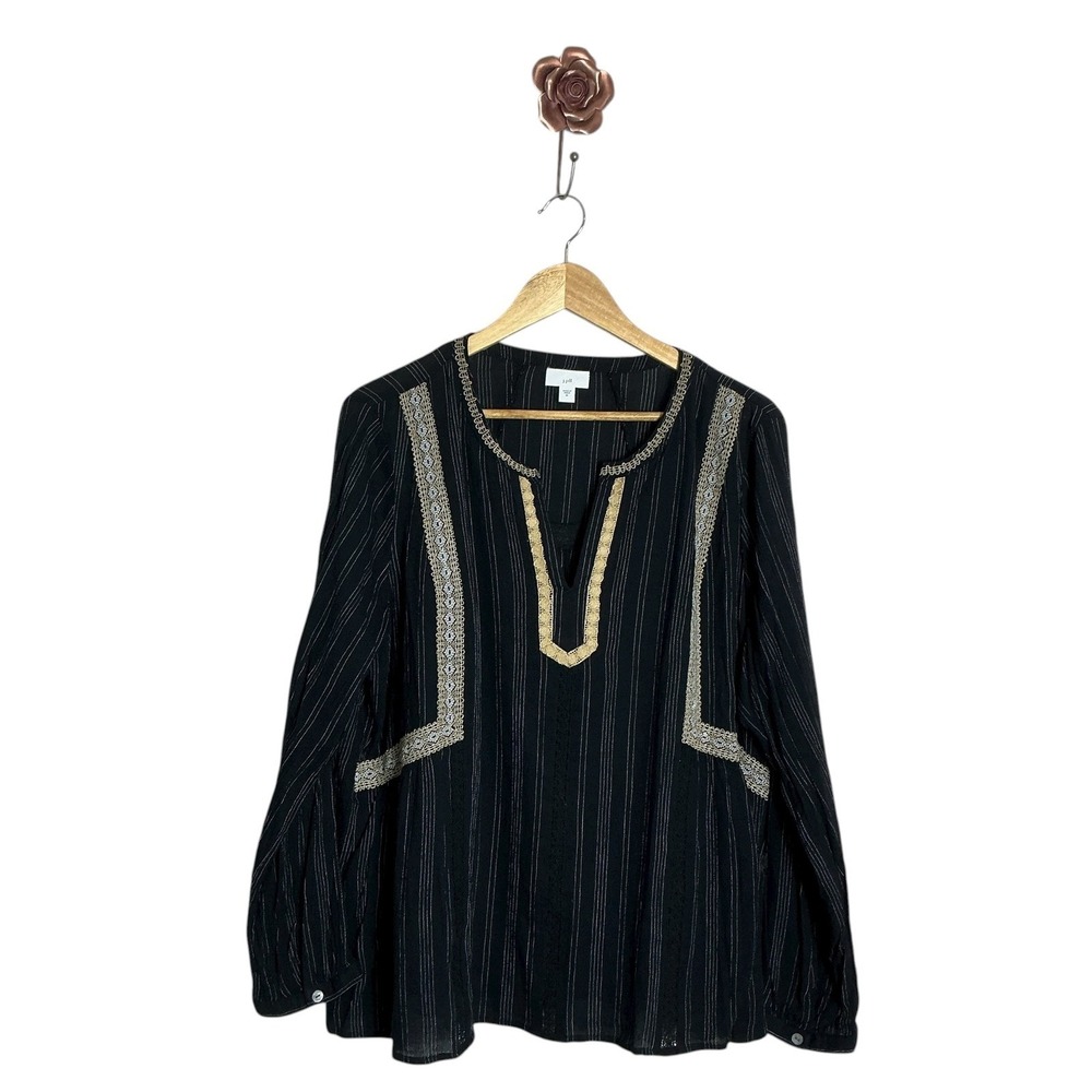 J. Jill XL Black Tan Embroidered Striped Long Sleeve Pullover Tunic Peasant Top